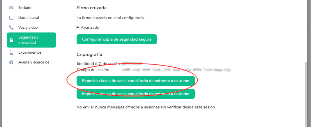 Pantalla de exportación de claves E2EE